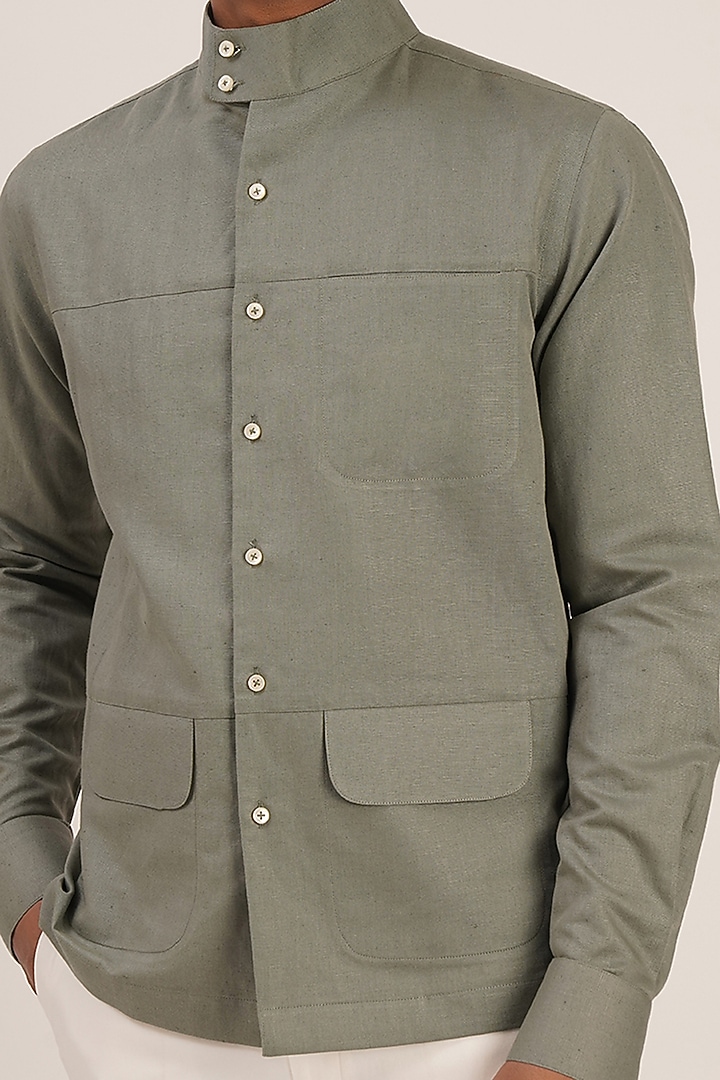 Sage Green Cotton Linen Party Wear Shirt by Dhruv Vaish at Pernia's Pop Up Shop