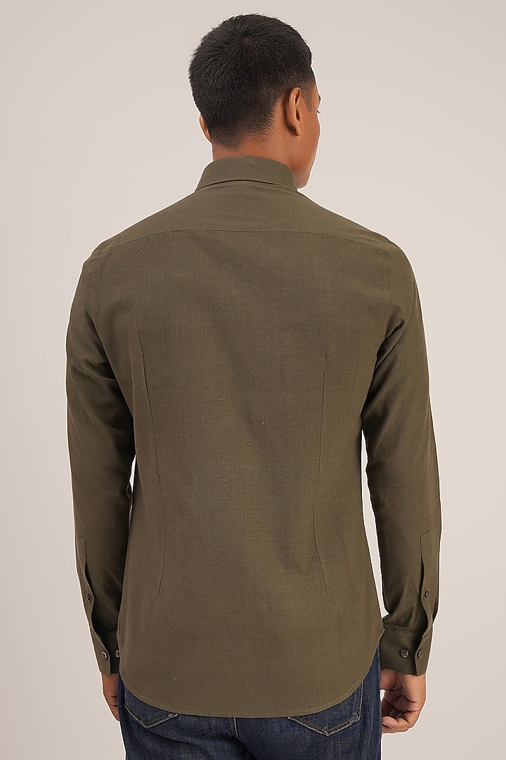 Olive Green Handloom Cotton Party Wear Shirt by Dhruv Vaish at Pernia's Pop Up Shop