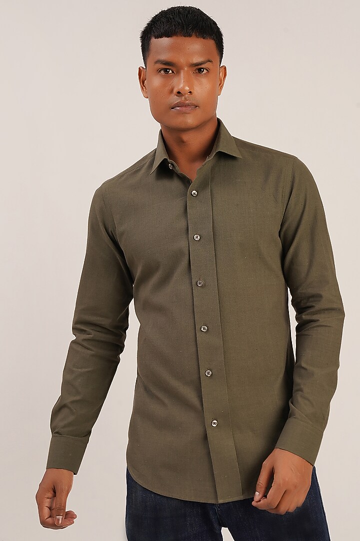 Olive Green Handloom Cotton Party Wear Shirt by Dhruv Vaish at Pernia's Pop Up Shop