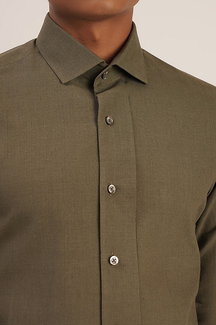 Olive Green Handloom Cotton Party Wear Shirt by Dhruv Vaish at Pernia's Pop Up Shop