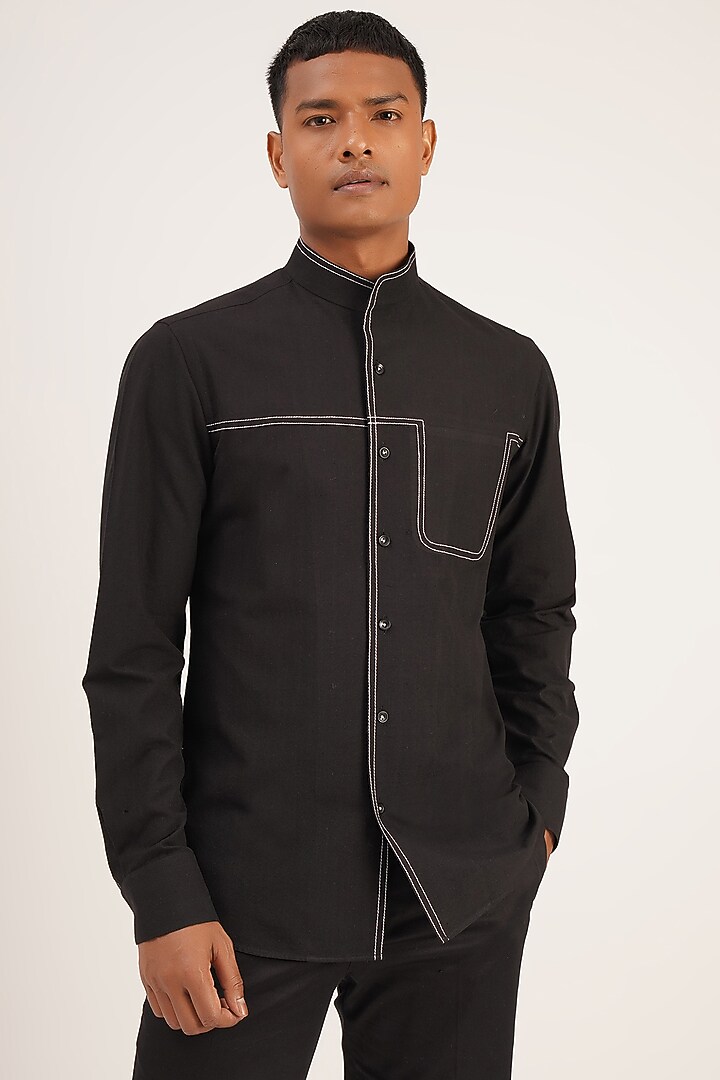 Black Handloom Cotton Party Wear Shirt by Dhruv Vaish at Pernia's Pop Up Shop