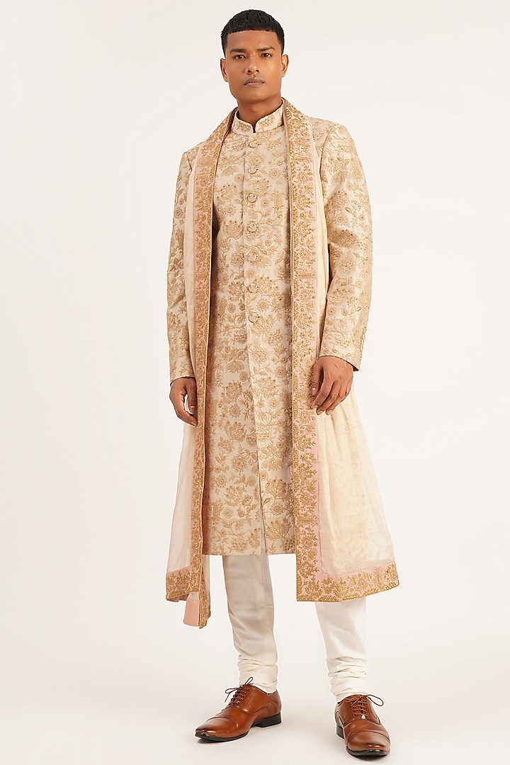 Pink & Gold Embroidered Stole by Dhruv Vaish