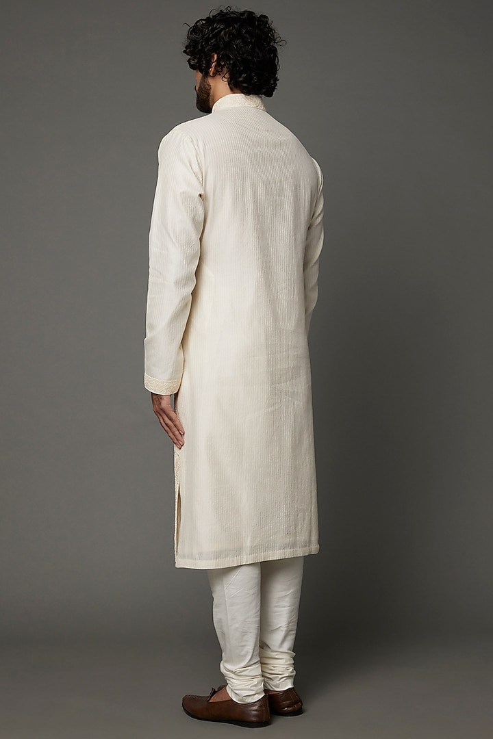 Ivory Cotton Silk Chanderi Thread Embroidered Kurta Set by Dhruv Vaish at Pernia's Pop Up Shop