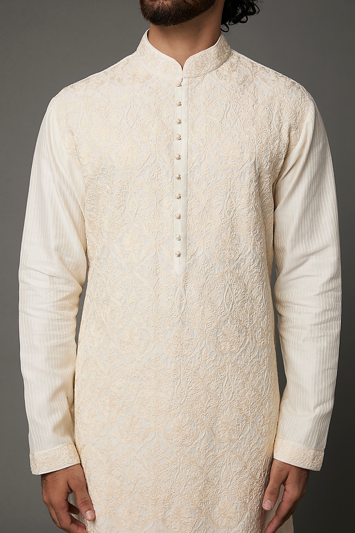 Ivory Cotton Silk Chanderi Thread Embroidered Kurta Set by Dhruv Vaish at Pernia's Pop Up Shop