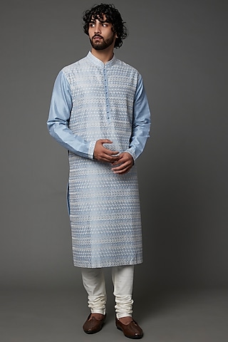 Mineral Blue Embroidered Kurta Set by Dhruv Vaish