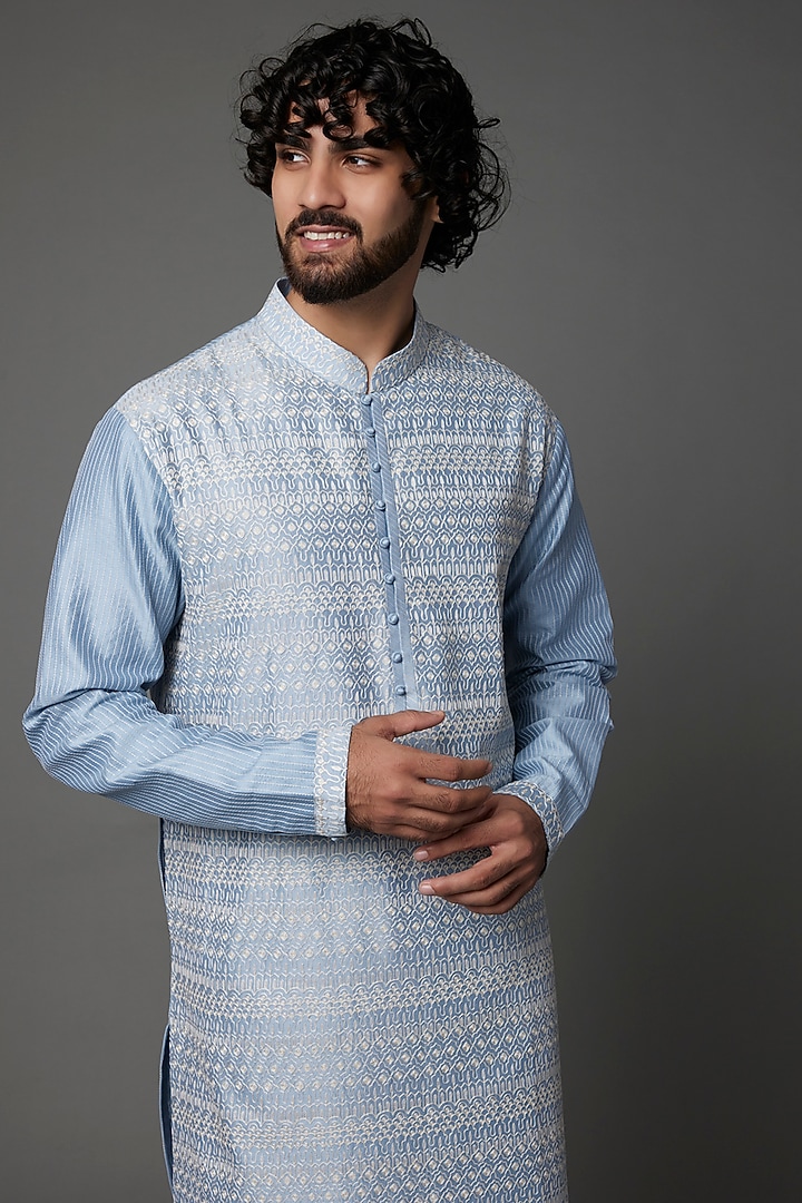 Mineral Blue Embroidered Kurta Set by Dhruv Vaish at Pernia's Pop Up Shop