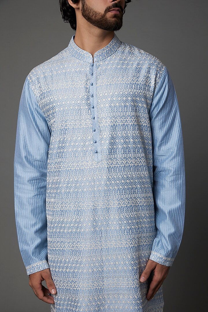 Mineral Blue Embroidered Kurta Set by Dhruv Vaish at Pernia's Pop Up Shop