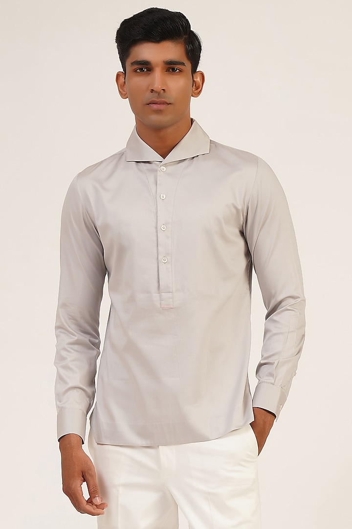 Silver Grey Cotton Satin Shirt by Dhruv Vaish