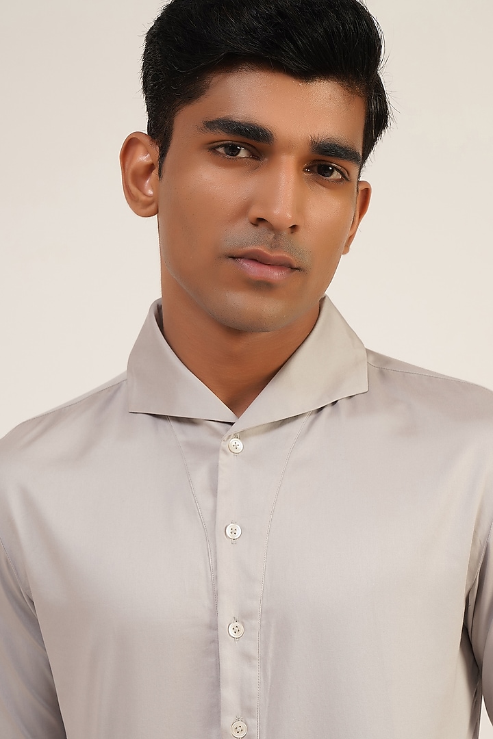 Silver Grey Cotton Satin Party Wear Shirt by Dhruv Vaish at Pernia's Pop Up Shop