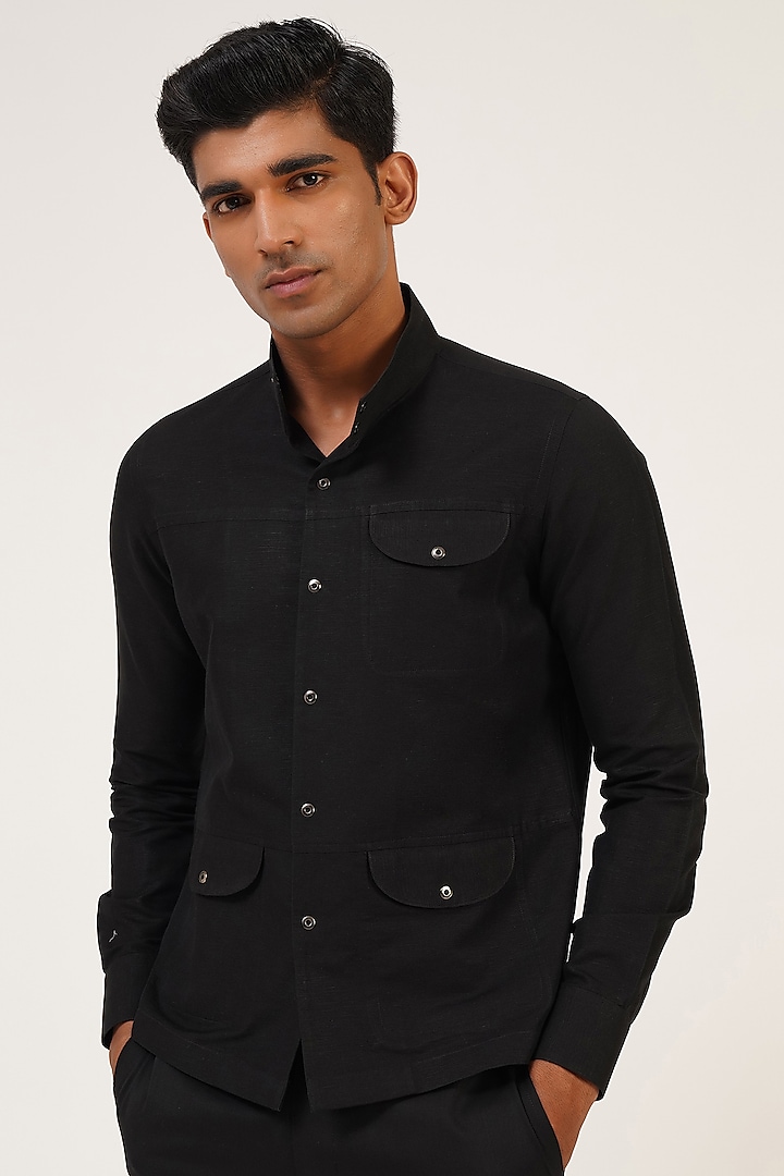 Black Cotton Linen Shirt by Dhruv Vaish