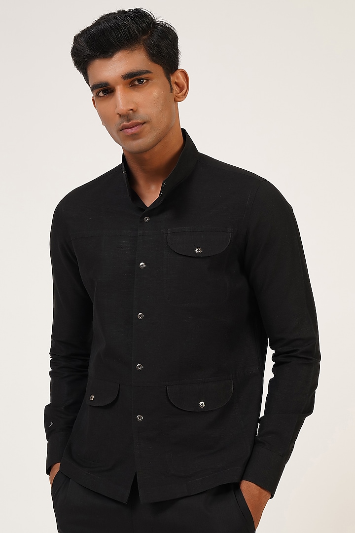Black Cotton Linen Party Wear Shirt by Dhruv Vaish at Pernia's Pop Up Shop