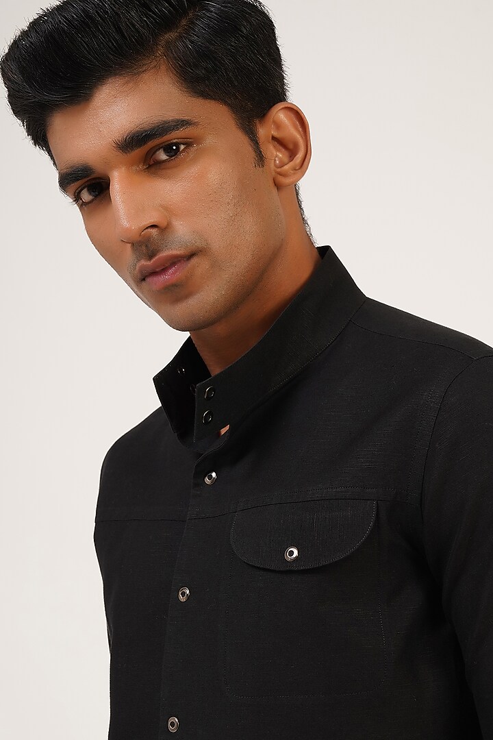 Black Cotton Linen Party Wear Shirt by Dhruv Vaish at Pernia's Pop Up Shop