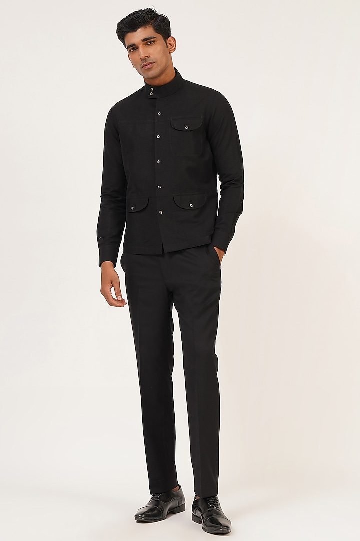 Black Cotton Linen Party Wear Shirt by Dhruv Vaish at Pernia's Pop Up Shop