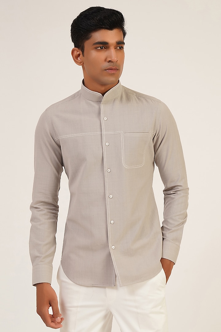 Silver Grey Cotton Satin Shirt by Dhruv Vaish