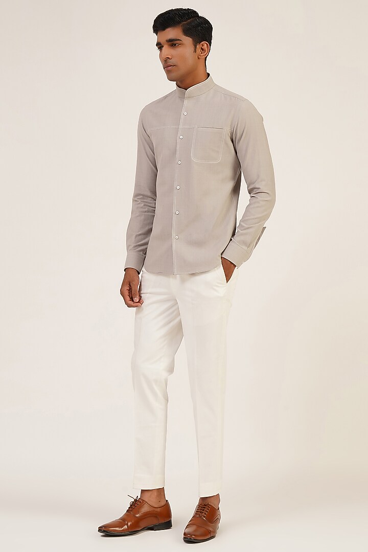 Silver Grey Cotton Satin Party Wear Shirt by Dhruv Vaish at Pernia's Pop Up Shop