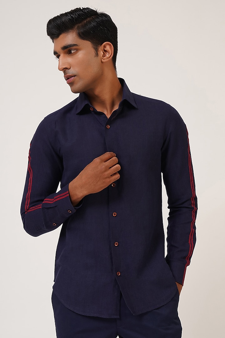 Navy Blue Handloom Cotton Shirt by Dhruv Vaish