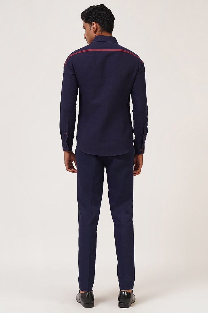 Navy Blue Handloom Cotton Party Wear Shirt by Dhruv Vaish at Pernia's Pop Up Shop