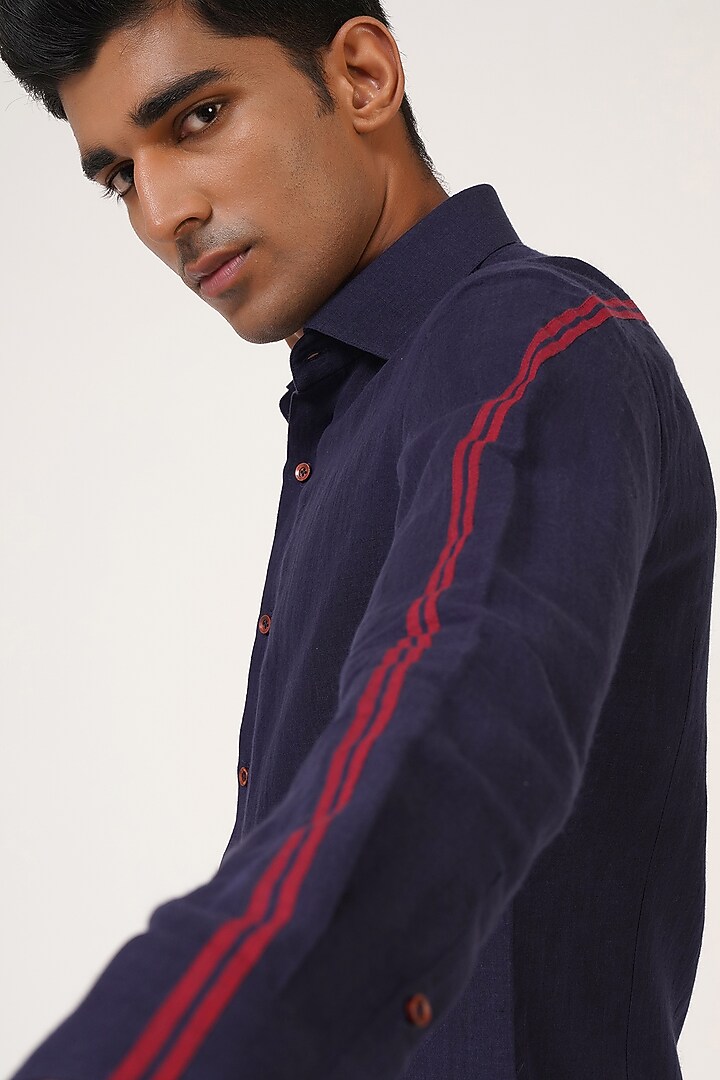 Navy Blue Handloom Cotton Party Wear Shirt by Dhruv Vaish at Pernia's Pop Up Shop
