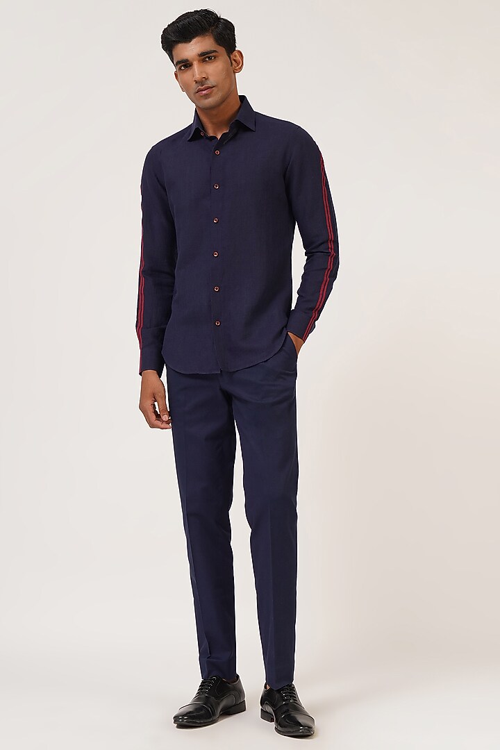 Navy Blue Handloom Cotton Party Wear Shirt by Dhruv Vaish at Pernia's Pop Up Shop
