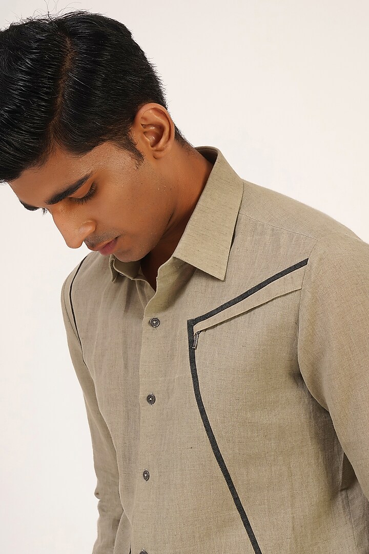 Light Sage Handloom Cotton Party Wear Shirt by Dhruv Vaish at Pernia's Pop Up Shop