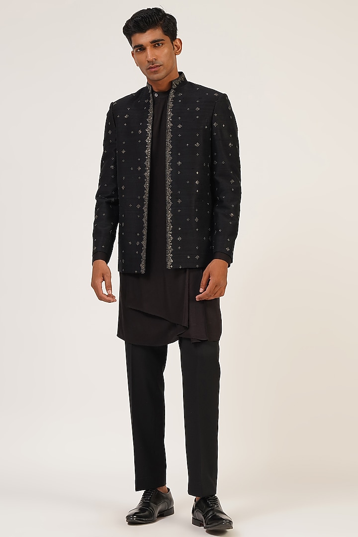 Black Silk Metal Embroidered Wedding Indowestern Jacket by Dhruv Vaish at Pernia's Pop Up Shop