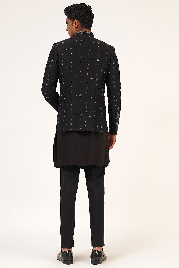 Black Silk Metal Embroidered Wedding Indowestern Jacket by Dhruv Vaish at Pernia's Pop Up Shop