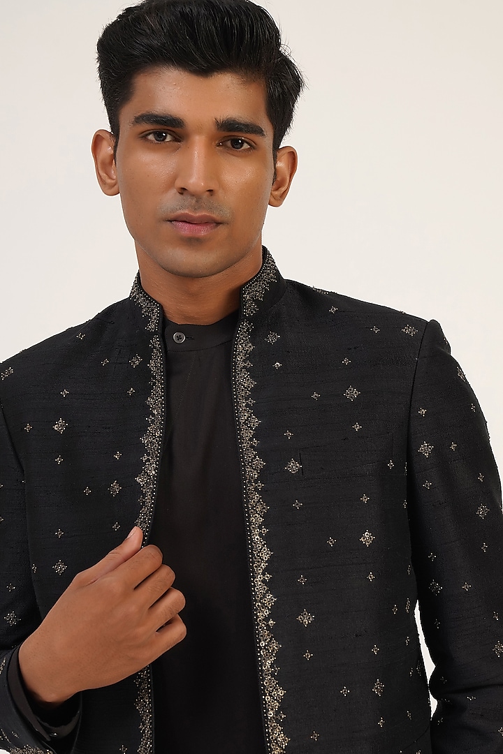 Black Silk Metal Embroidered Wedding Indowestern Jacket by Dhruv Vaish at Pernia's Pop Up Shop