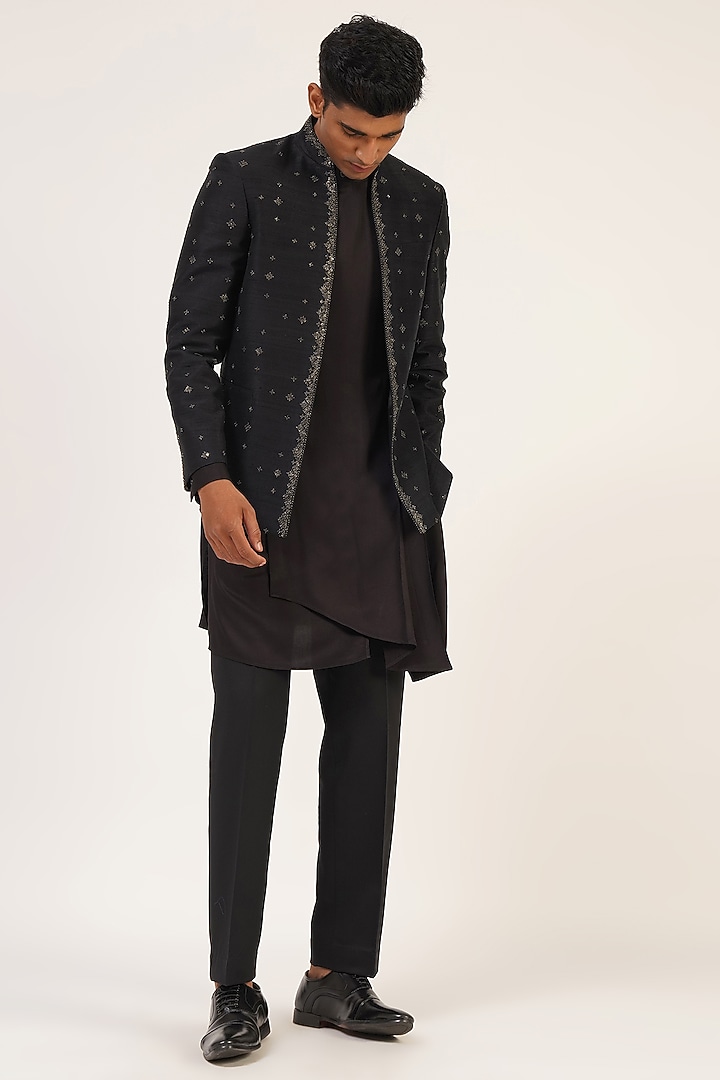 Black Silk Metal Embroidered Wedding Indowestern Jacket by Dhruv Vaish at Pernia's Pop Up Shop