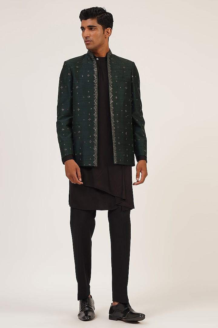 Bottle Green Silk Metal Embroidered Wedding Indowestern Jacket by Dhruv Vaish at Pernia's Pop Up Shop