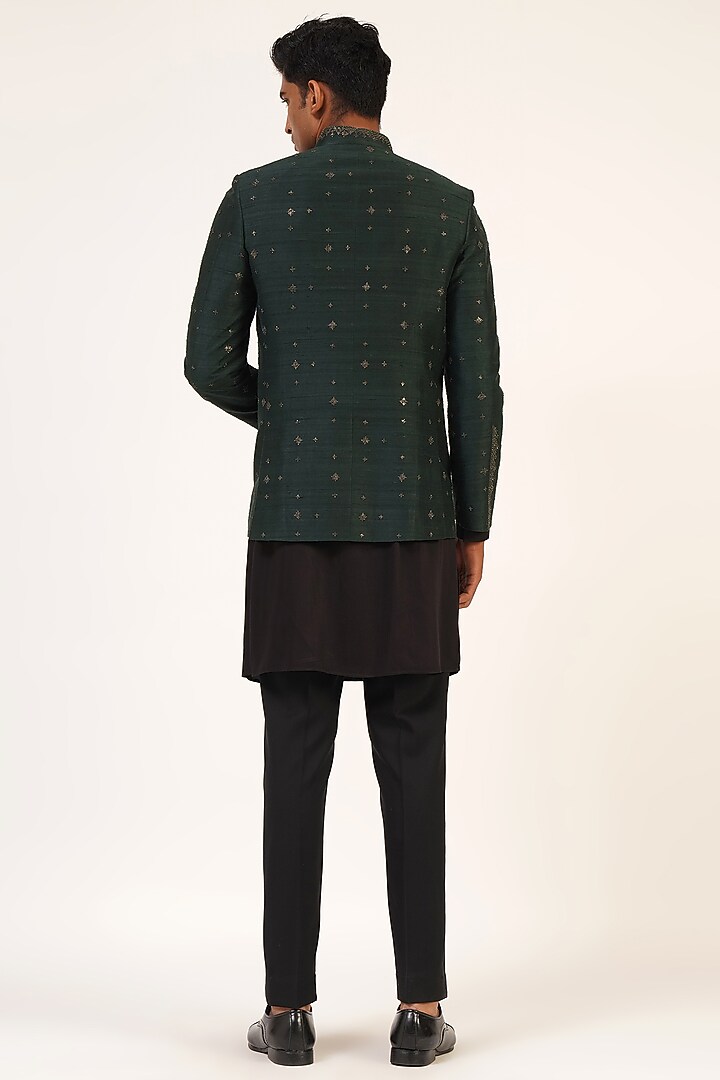 Bottle Green Silk Metal Embroidered Wedding Indowestern Jacket by Dhruv Vaish at Pernia's Pop Up Shop