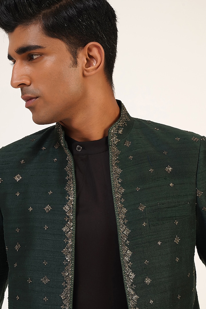 Bottle Green Silk Metal Embroidered Wedding Indowestern Jacket by Dhruv Vaish at Pernia's Pop Up Shop
