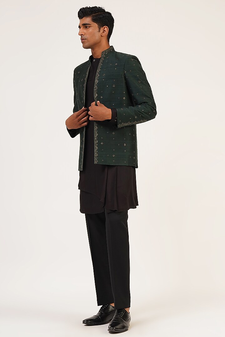 Bottle Green Silk Metal Embroidered Wedding Indowestern Jacket by Dhruv Vaish at Pernia's Pop Up Shop