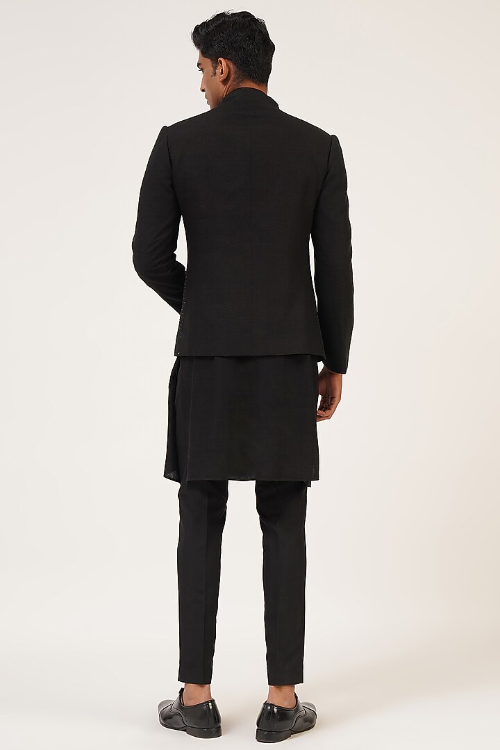 Black Silk French Knot Embroidered Wedding Indowestern Jacket Set by Dhruv Vaish at Pernia's Pop Up Shop