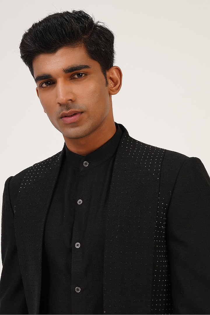 Black Silk French Knot Embroidered Wedding Indowestern Jacket Set by Dhruv Vaish at Pernia's Pop Up Shop