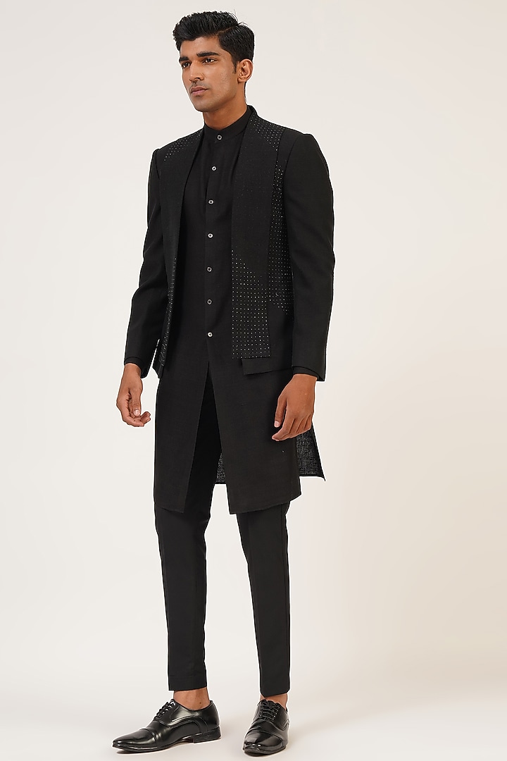 Black Silk French Knot Embroidered Wedding Indowestern Jacket Set by Dhruv Vaish at Pernia's Pop Up Shop