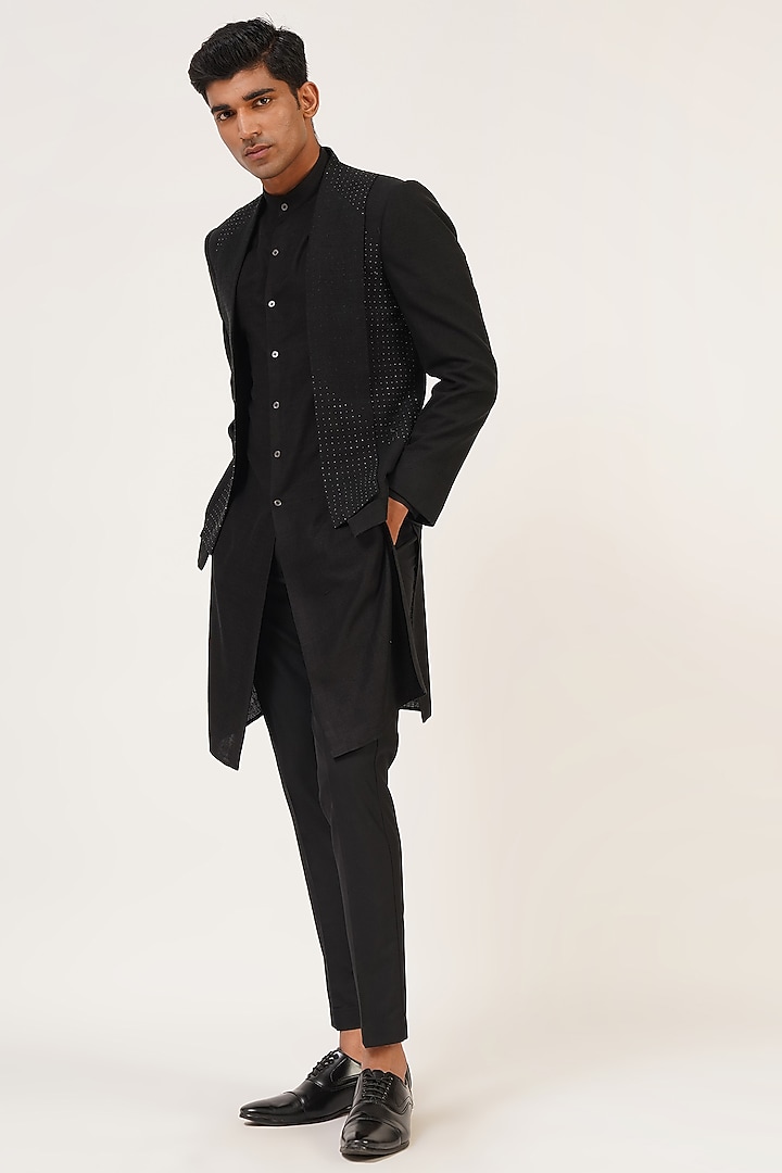 Black Silk French Knot Embroidered Wedding Indowestern Jacket Set by Dhruv Vaish at Pernia's Pop Up Shop