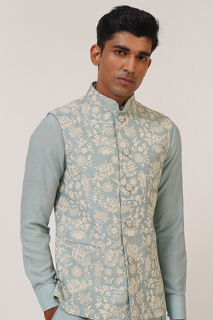 Powder Blue Textured Cotton Silk Embroidered Nehru Jacket by Dhruv Vaish at Pernia's Pop Up Shop