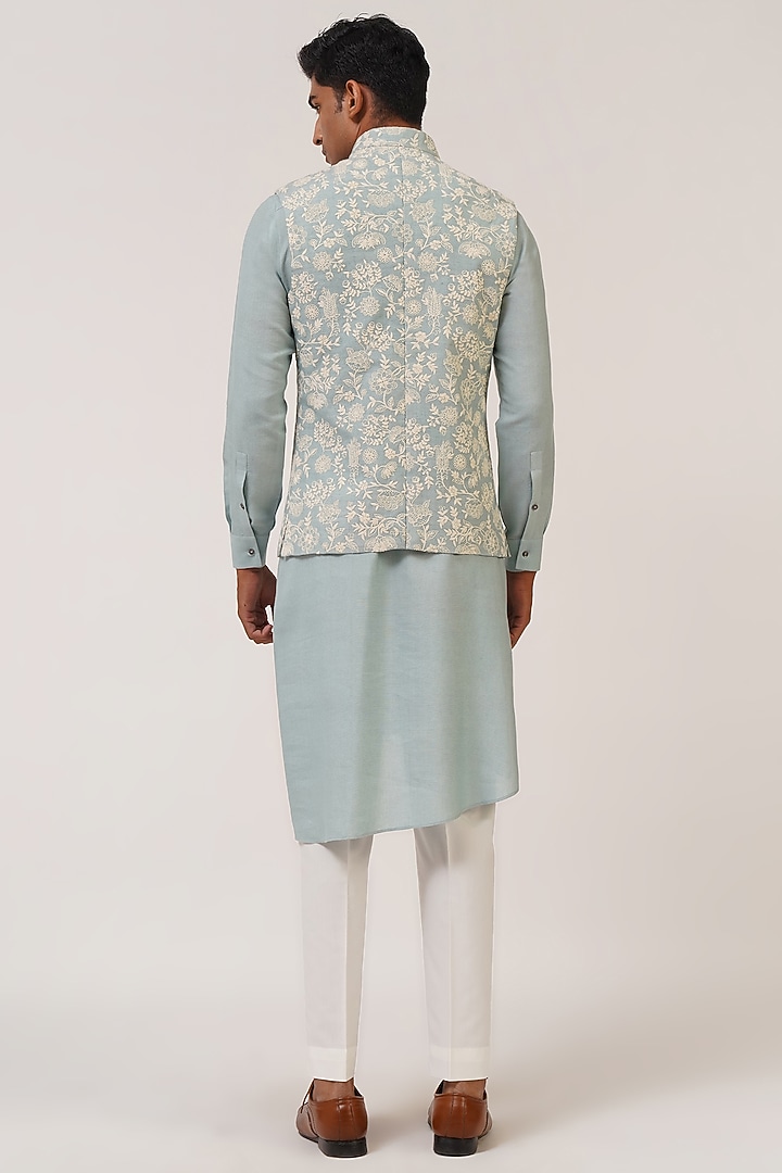 Powder Blue Textured Cotton Silk Embroidered Nehru Jacket by Dhruv Vaish at Pernia's Pop Up Shop