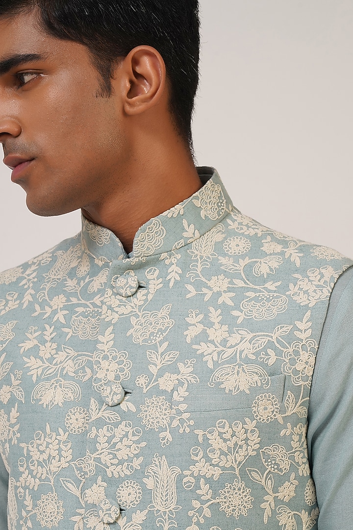 Powder Blue Textured Cotton Silk Embroidered Nehru Jacket by Dhruv Vaish at Pernia's Pop Up Shop