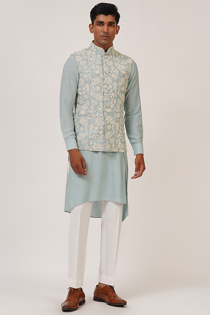 Powder Blue Textured Cotton Silk Embroidered Nehru Jacket by Dhruv Vaish at Pernia's Pop Up Shop