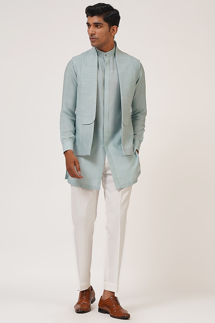 Powder Blue Silk French Knot Embroidered Nehru Jacket Set by Dhruv Vaish at Pernia's Pop Up Shop