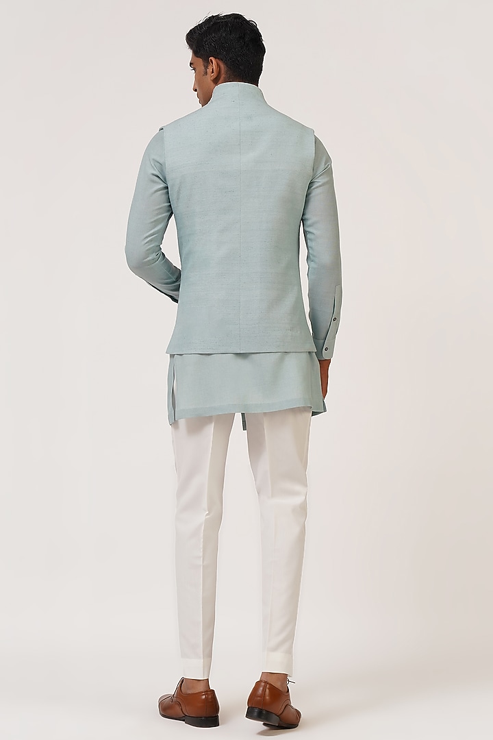 Powder Blue Silk French Knot Embroidered Nehru Jacket Set by Dhruv Vaish at Pernia's Pop Up Shop