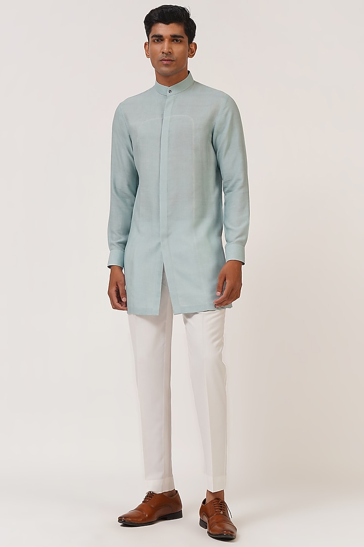 Powder Blue Silk French Knot Embroidered Nehru Jacket Set by Dhruv Vaish at Pernia's Pop Up Shop
