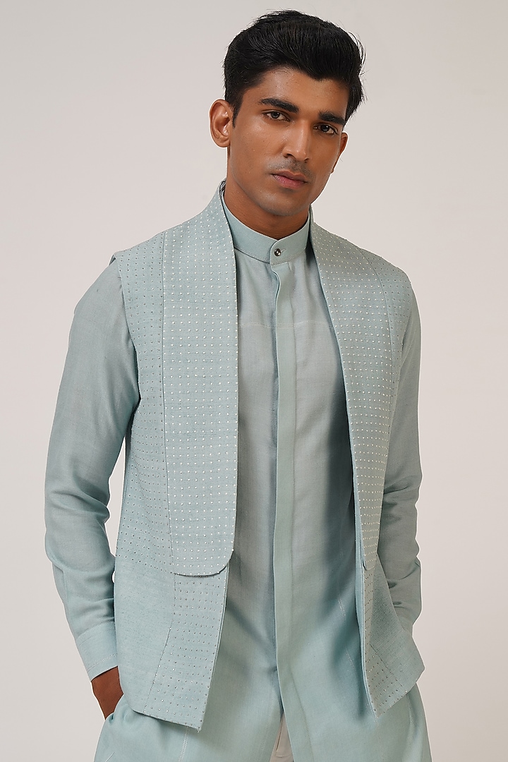 Powder Blue Silk French Knot Embroidered Nehru Jacket Set by Dhruv Vaish at Pernia's Pop Up Shop