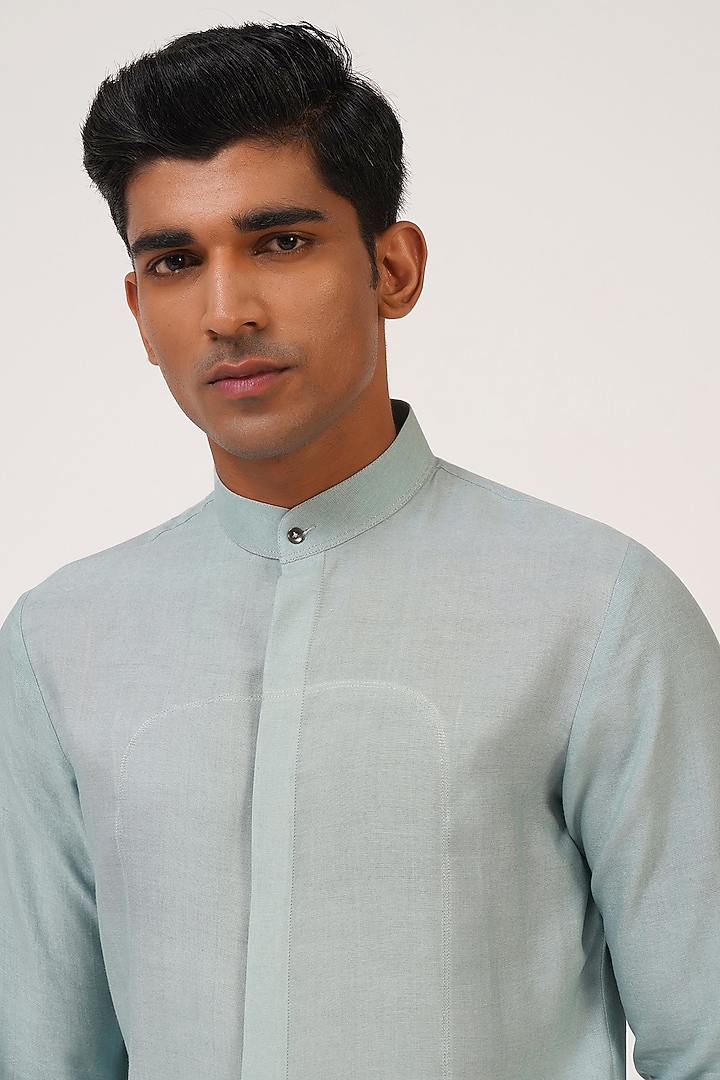 Powder Blue Silk French Knot Embroidered Nehru Jacket Set by Dhruv Vaish at Pernia's Pop Up Shop