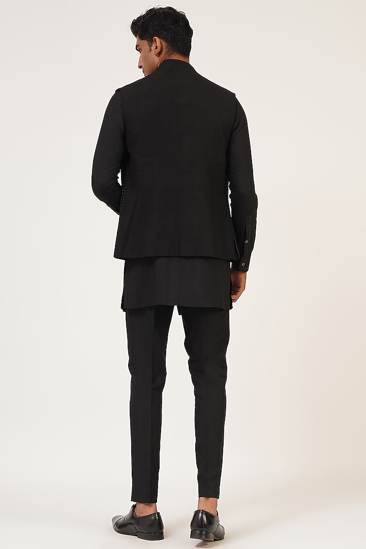 Black Silk French Knot Embroidered Nehru Jacket Set by Dhruv Vaish at Pernia's Pop Up Shop