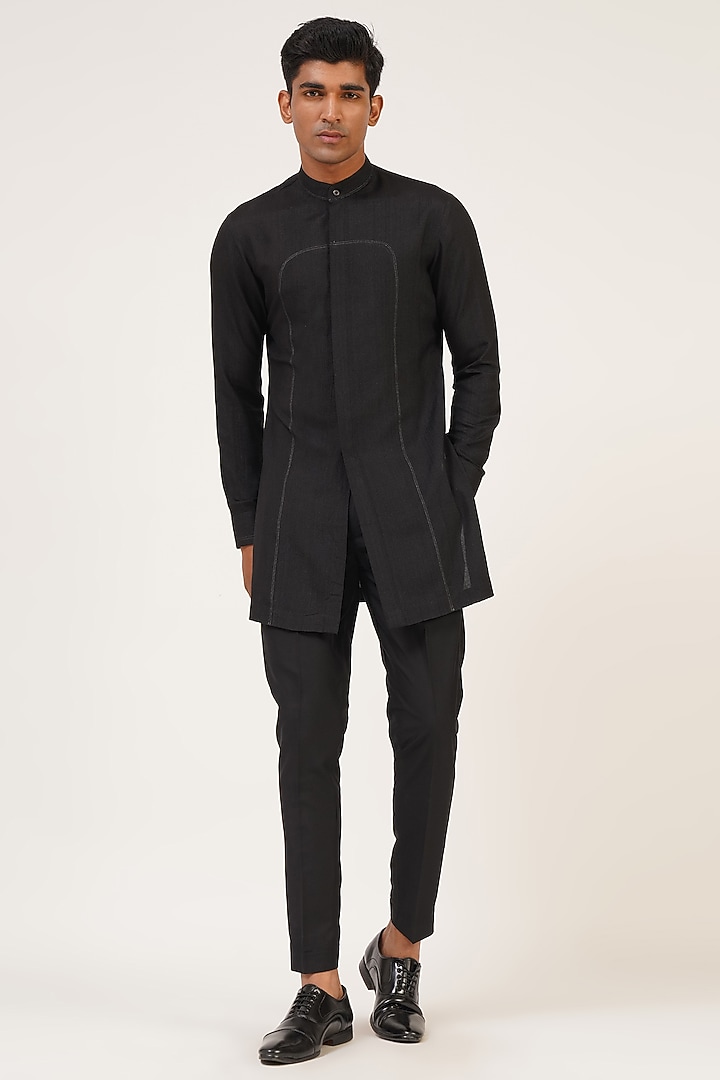 Black Silk French Knot Embroidered Nehru Jacket Set by Dhruv Vaish at Pernia's Pop Up Shop