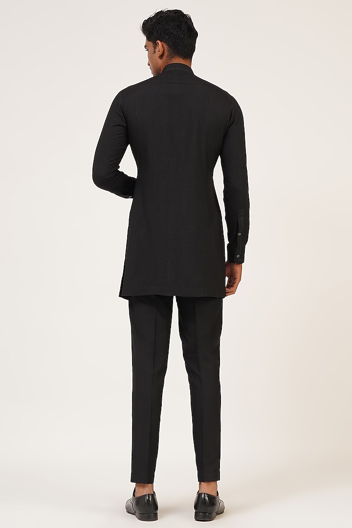 Black Silk French Knot Embroidered Nehru Jacket Set by Dhruv Vaish at Pernia's Pop Up Shop