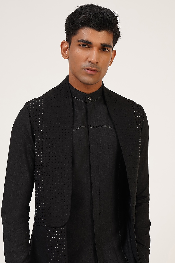 Black Silk French Knot Embroidered Nehru Jacket Set by Dhruv Vaish at Pernia's Pop Up Shop