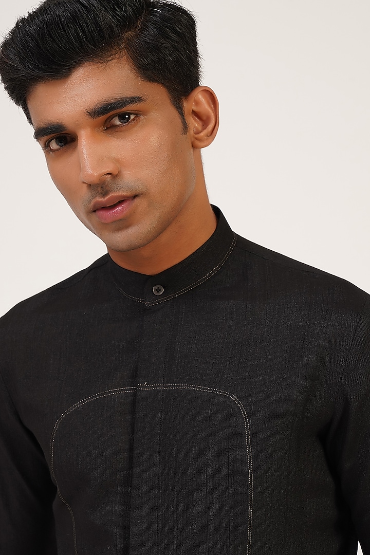 Black Silk French Knot Embroidered Nehru Jacket Set by Dhruv Vaish at Pernia's Pop Up Shop